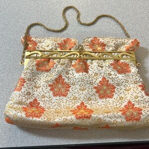 Vintage Floral Satin Like Fabric Women's Bag Gold & Orange w/ Rhinestone Accent